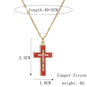 Detail view of red enamel cross pendant with colorful zircon and product dimensions