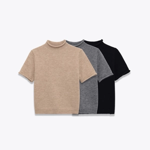 Women Short Sleeve Knit Sweater Mock Neck Roll Edge Soft Solid Color Casual Top
