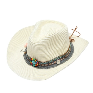 Western style cream woven straw cowboy hat with ethnic beaded band and turquoise accent