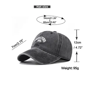 Guide des tailles détaillé pour casquette en coton délavé avec dimensions et broderie