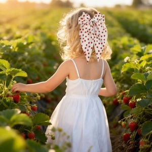Sweet white hair bow with strawberry print and long ribbons for girls on blonde hair