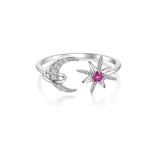 Macro detail showing S925 sterling silver stamp on adjustable moon and star ring