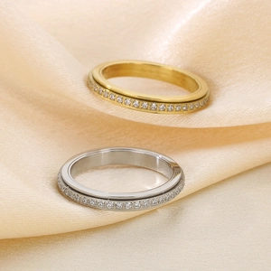 Luxury full diamond stainless steel spinning rings in gold and silver on silk