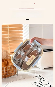 Detailed view of 3-compartment stainless steel lunch box with leak-proof silicone seal