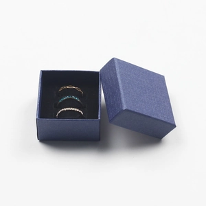 Detail of dark blue textured jewelry gift box with velvet insert for rings