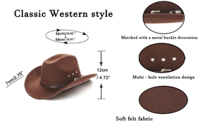 Detailed view of brown felt cowboy hat with classic brim measurements and metal buckle