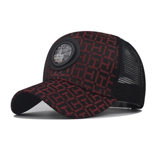 Black and red gradient baseball cap with grid monogram pattern and breathable mesh back