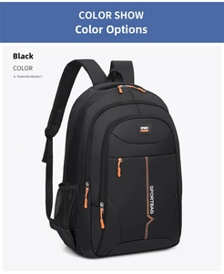Close-up of black backpack featuring vibrant orange zipper pulls and sport lettering