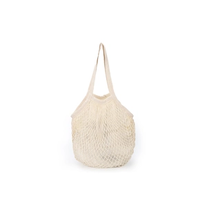 Detail of cream mesh shopping bag featuring reinforced handles and woven texture
