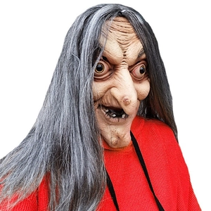 Scary Halloween witch mask with grey long hair and detailed wrinkled facial features
