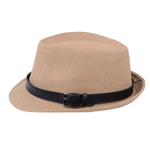 Close-up of khaki fedora hat with black faux leather band and silver metal buckle