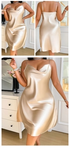 Champagne gold satin slip dress with a slim fit and elegant glossy silk-like finish