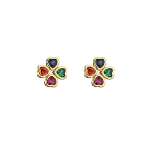 Golden four-leaf clover stud earrings with colorful heart-shaped zircon stones
