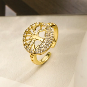 Gold plated Tree of Life open ring with cubic zirconia stones shown from a 45-degree angle