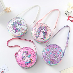 Borsa a Tracolla Rotonda per Bambini con Paillettes Motivo Unicorno Sirena Glitter Borsa a Spalla per Ragazze Cartone Animato Regalo Festa