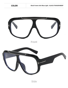 Macro detail of T-shaped metal hinge on black oversized blue light blocking glasses