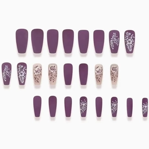 24-piece matte purple and nude press-on nails featuring elegant leaf and floral patterns