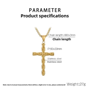 Detail view of golden stainless steel cross pendant and chain with dimensions and weight