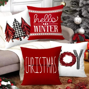 Weihnachts Kissenbezüge Polyester Leinen Optik Feiertag Heimdeko Sofa Kissenhülle Karo Muster Baum JOY