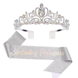 Detail of silver rhinestone crown with Birthday Princess holographic glitter sash