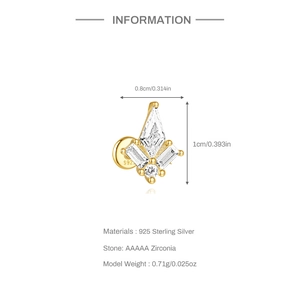 Détail macro de la boucle d'oreille cerf-volant en argent S925 avec zircons et dimensions