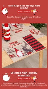 Linen Christmas table runner with gnome pattern and red buffalo plaid fabric borders