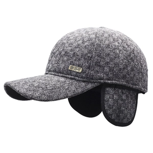 Men's winter grey herringbone baseball cap with ear flaps for warmth and comfort