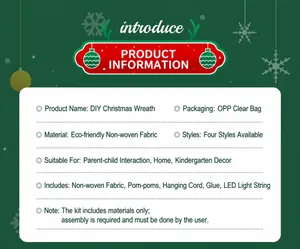 DIY Christmas wreath kit details including felt, pom-poms, lights, and glue in OPP bag