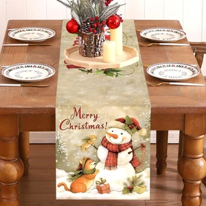 Christmas Table Runner Polyester Snowman Squirrel Cat Print For Holiday Party Dinner Dining Room Decor