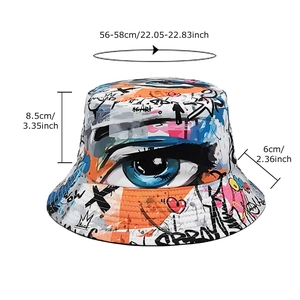 Cappello da pescatore con graffiti colorati, occhi 3D e misure dettagliate del prodotto