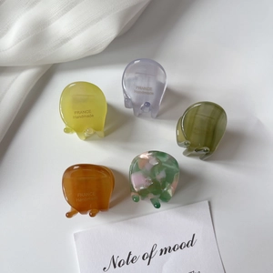 Five pieces of mini acetate hair claws in pastel colors with France Handmade gold text