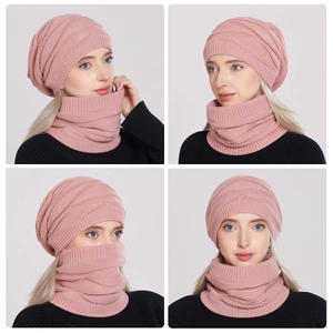 Detailed views of women's pink knit beanie and neck warmer set with soft fleece lining