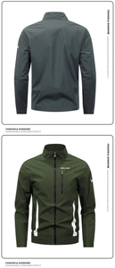 Detailed front and back view of a men's stand collar outdoor jacket with multiple pockets