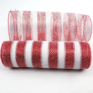 Red and white striped Christmas deco mesh rolls with shimmering metallic silver tinsel