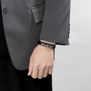 Men's multilayer woven leather bracelet with stainless steel cross and magnetic clasp
