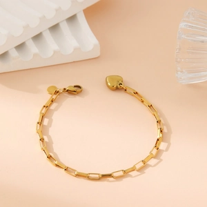 Elegant gold-plated stainless steel rectangle link bracelet with solid heart pendant