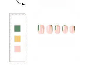 Detail view of short square press-on nails with green, yellow and pink block patterns