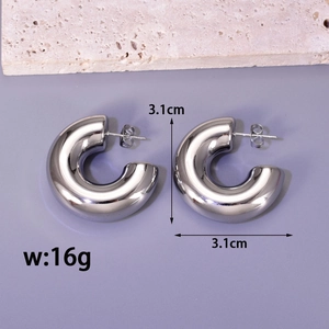 Polished silver hollow C-shaped hoop earrings 3.1cm size on a minimalist background