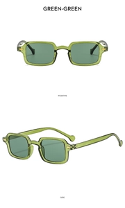 Detail view of vintage green square sunglasses showing positive and side perspective