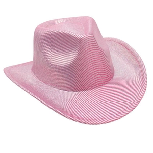 Detail of pink and white striped cowboy hat with pearlescent finish and wide brim