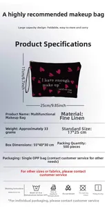Detailed size chart for black linen heart cosmetic bag showing 17x25cm dimensions
