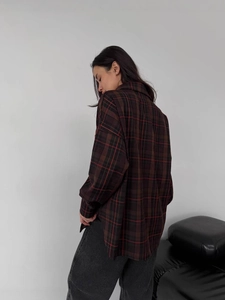 Brown plaid oversized long-sleeved button-down shirt with vintage lapel for women