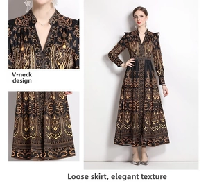 Detail of V-neckline and flowy hem on a vintage baroque print maxi dress for women
