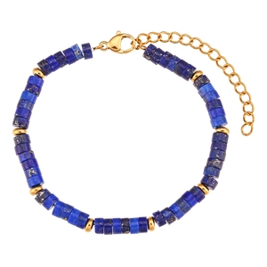 Lapis lazuli beaded bracelet with gold accents and adjustable lobster clasp