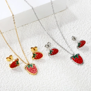 Fruit Strawberry Cherry Watermelon Necklace And Earrings Stainless Steel Gold Plated Enamel Cute Jewelry