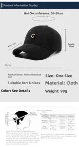 Size chart showing baseball cap dimensions including 8cm brim and adjustable strap details