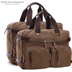 Size comparison of large and small brown canvas briefcases with retro leather details