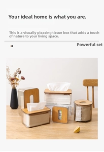 Detailed view of modern transparent tissue boxes with natural wooden lids in various shapes