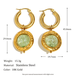 Vintage 18K gold plated stainless steel drop earrings with green textured beads