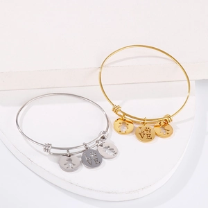 Adjustable stainless steel bangles in gold and silver with LOVE and figure charms